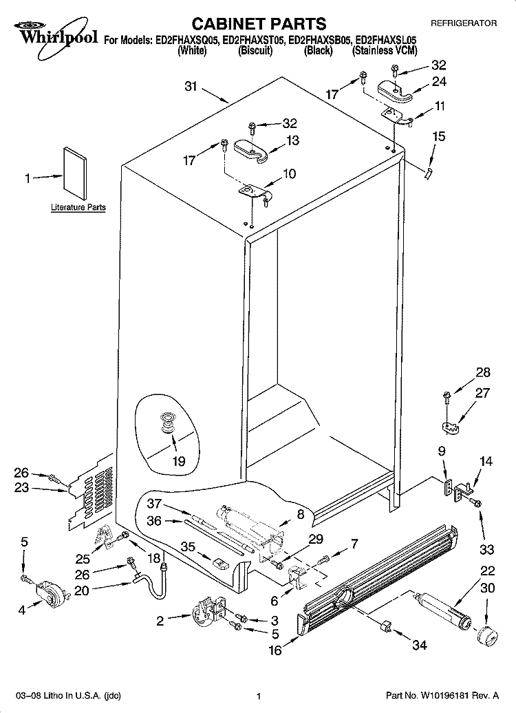 CABINET PARTS Diagram and Parts List for ED2FHAXST05  Whirlpool Refrigerator