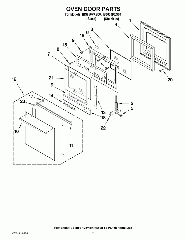OVEN DOOR PARTS Diagram and Parts List for IBS650PXS00  Whirlpool Wall Oven