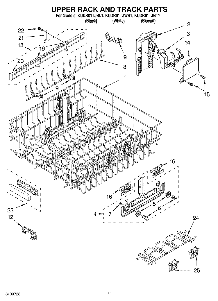 UPPER RACK AND TRACK PARTS Diagram and Parts List for KUDR01TJBT1  KitchenAid Dishwasher