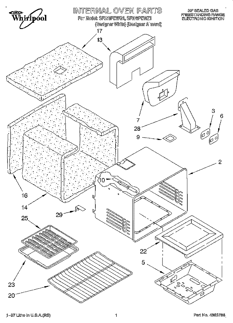 INTERNAL OVEN Diagram and Parts List for SF378PEWZ1  Whirlpool Range