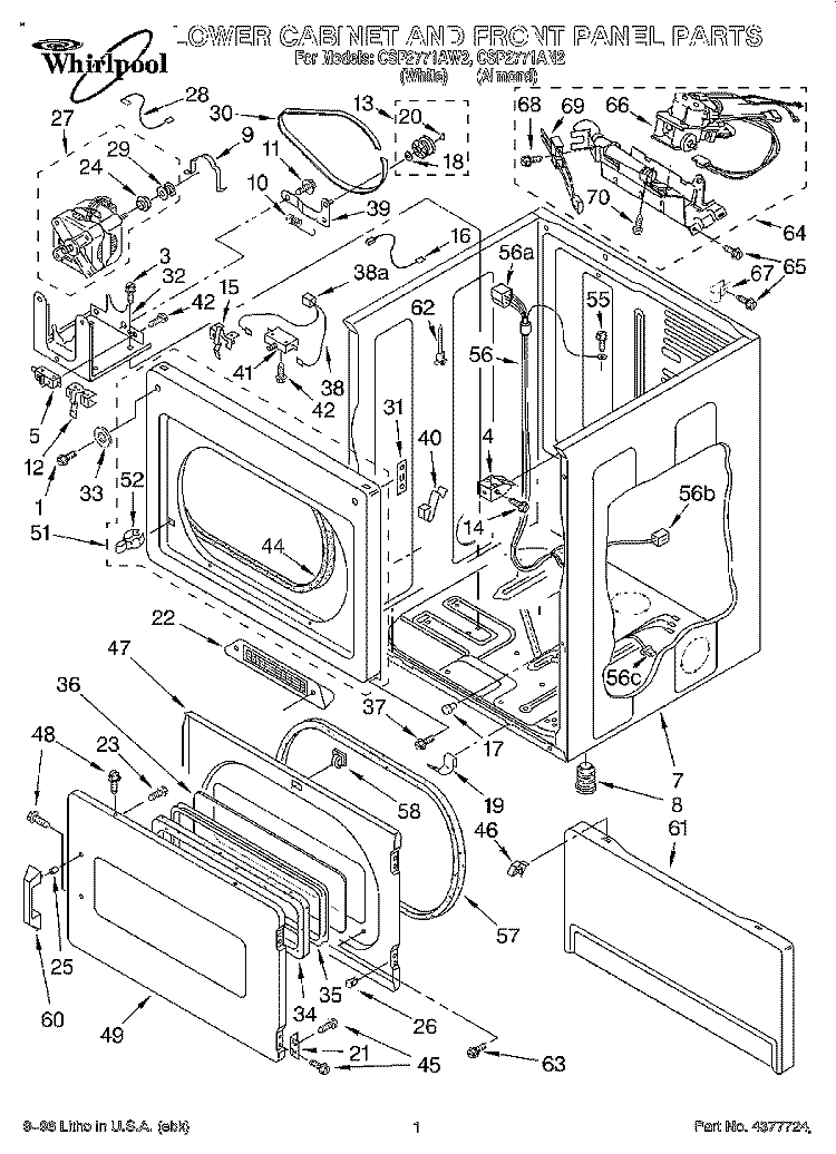 LOWER CABINET AND FRONT PANEL Diagram and Parts List for CSP2771AN2  Whirlpool Dryer