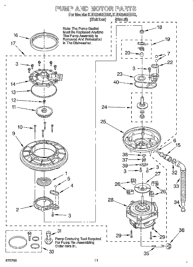 PUMP AND MOTOR Diagram and Parts List for KUDS24SEBT5  KitchenAid Dishwasher