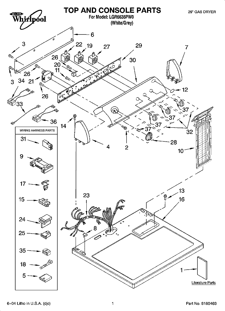 TOP AND CONSOLE PARTS Diagram and Parts List for LGR6636PW0  Whirlpool Dryer