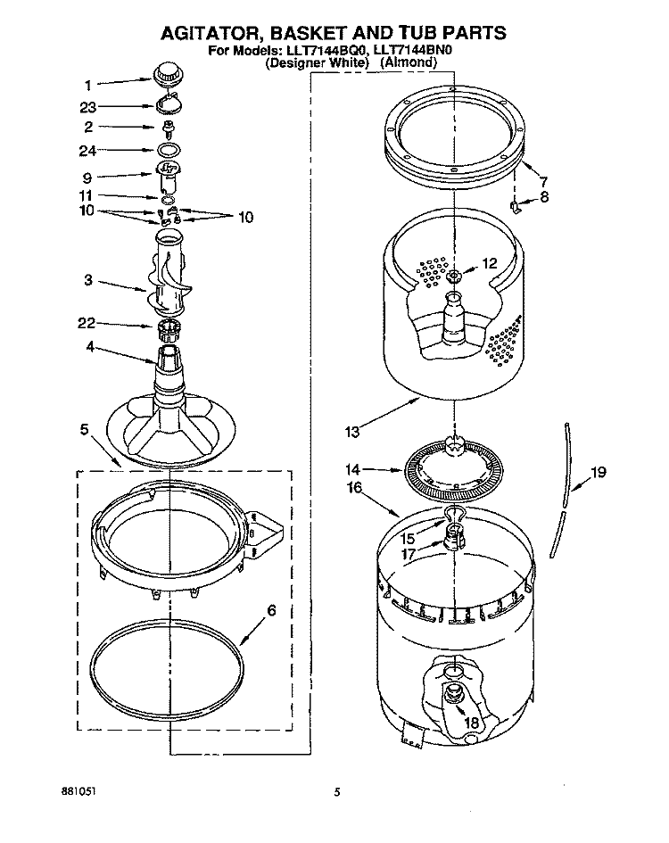 AGITATOR, BASKET AND TUB Diagram and Parts List for LLT7144BN0  Whirlpool Washer