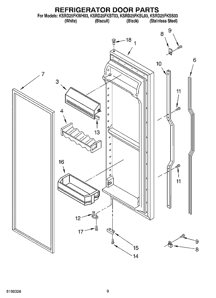 REFRIGERATOR DOOR PARTS Diagram and Parts List for KSRD25FKSS03  KitchenAid Refrigerator