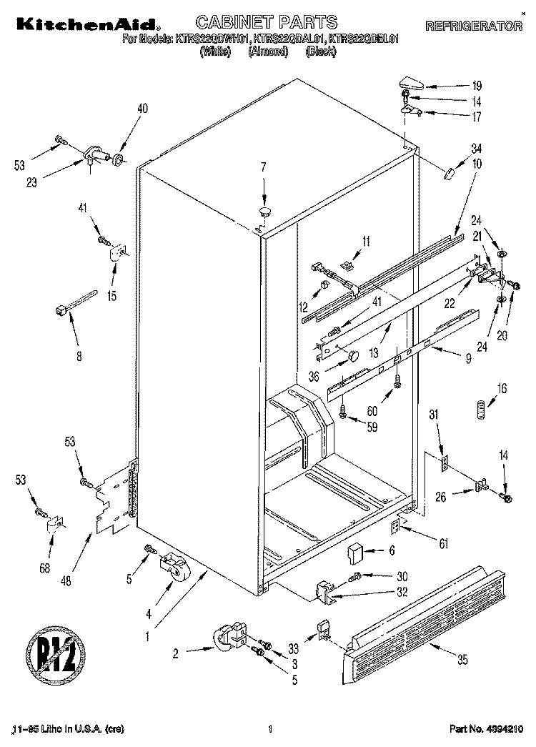 CABINET Diagram and Parts List for KTRS22QDBL01  KitchenAid Refrigerator