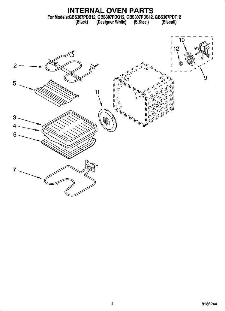 INTERNAL OVEN PARTS Diagram and Parts List for GBS307PDS12  Whirlpool Wall Oven