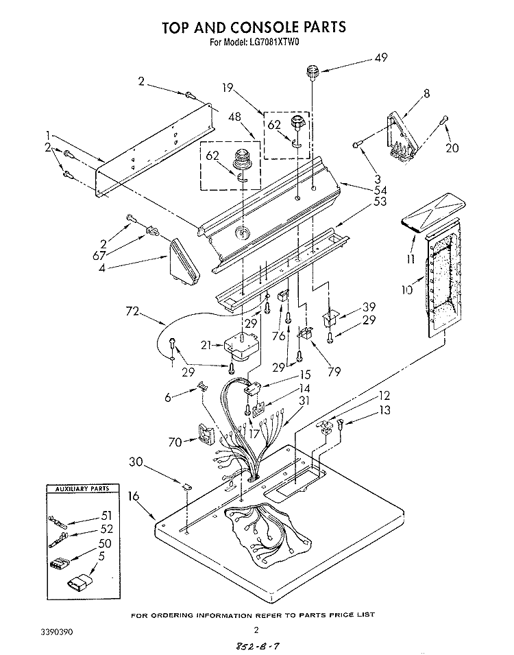 TOP AND CONSOLE , LITERATURE AND OPTIONAL Diagram and Parts List for LG7081XTG0  Whirlpool Dryer