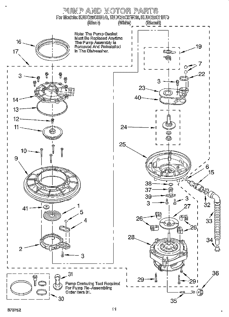 PUMP AND MOTOR Diagram and Parts List for KUDC25CHBL0  KitchenAid Dishwasher