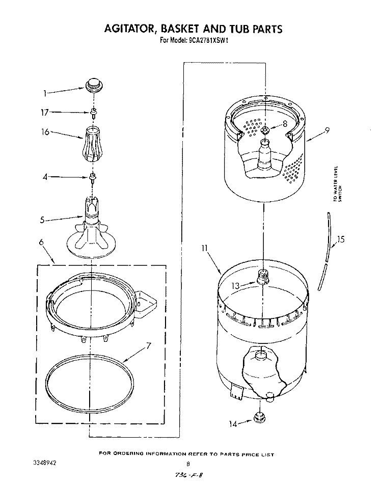 AGITATOR, BASKET AND TUB Diagram and Parts List for 9CA2781XSW1  Whirlpool Washer