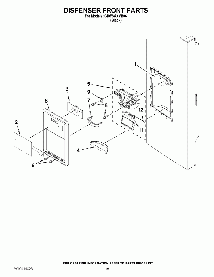 DISPENSER FRONT PARTS Diagram and Parts List for GI0FSAXVB06  Whirlpool Refrigerator