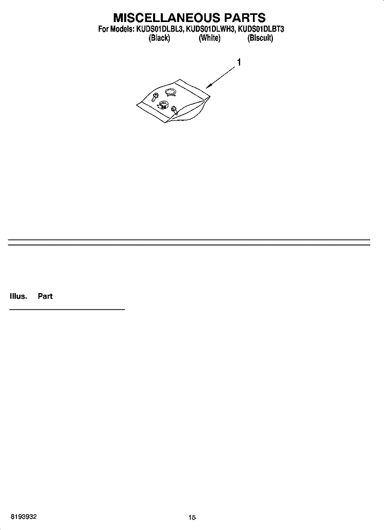MISCELLANEOUS PARTS OPTIONAL PARTS (NOT INCLUDED) Diagram and Parts List for KUDS01DLBT3  KitchenAid Dishwasher