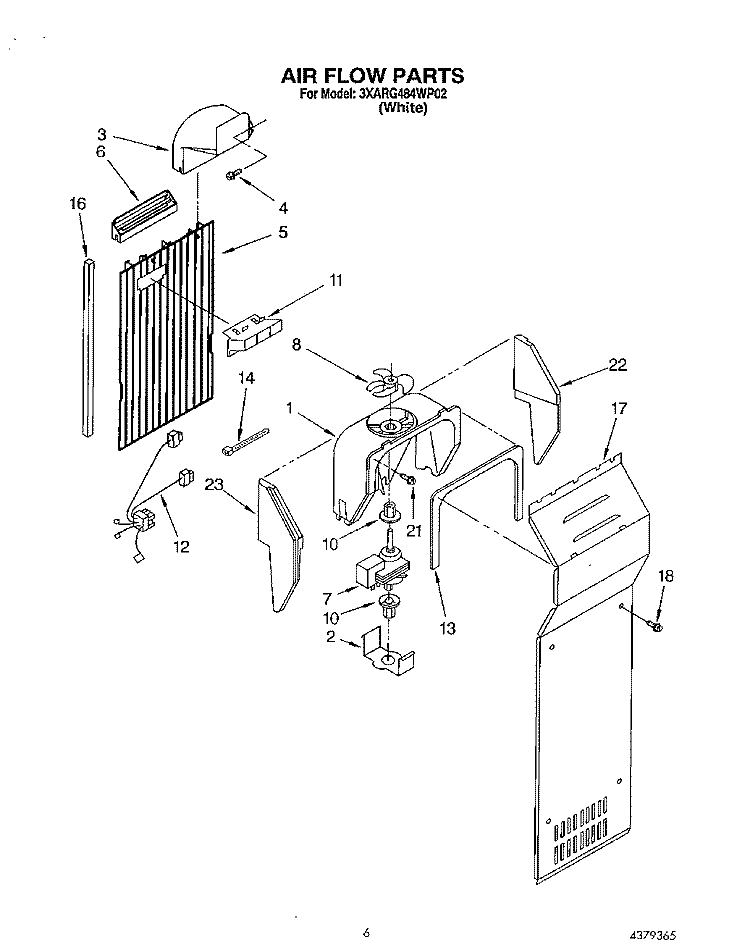 AIR FLOW Diagram and Parts List for 3XARG484WP02  Whirlpool Refrigerator