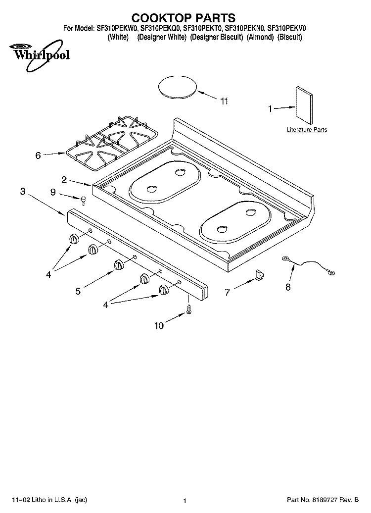 COOKTOP, LITERATURE Diagram and Parts List for SF310PEKV0  Whirlpool Range