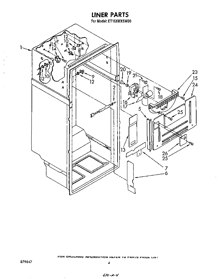 LINER Diagram and Parts List for ET18XMXSW00  Whirlpool Refrigerator