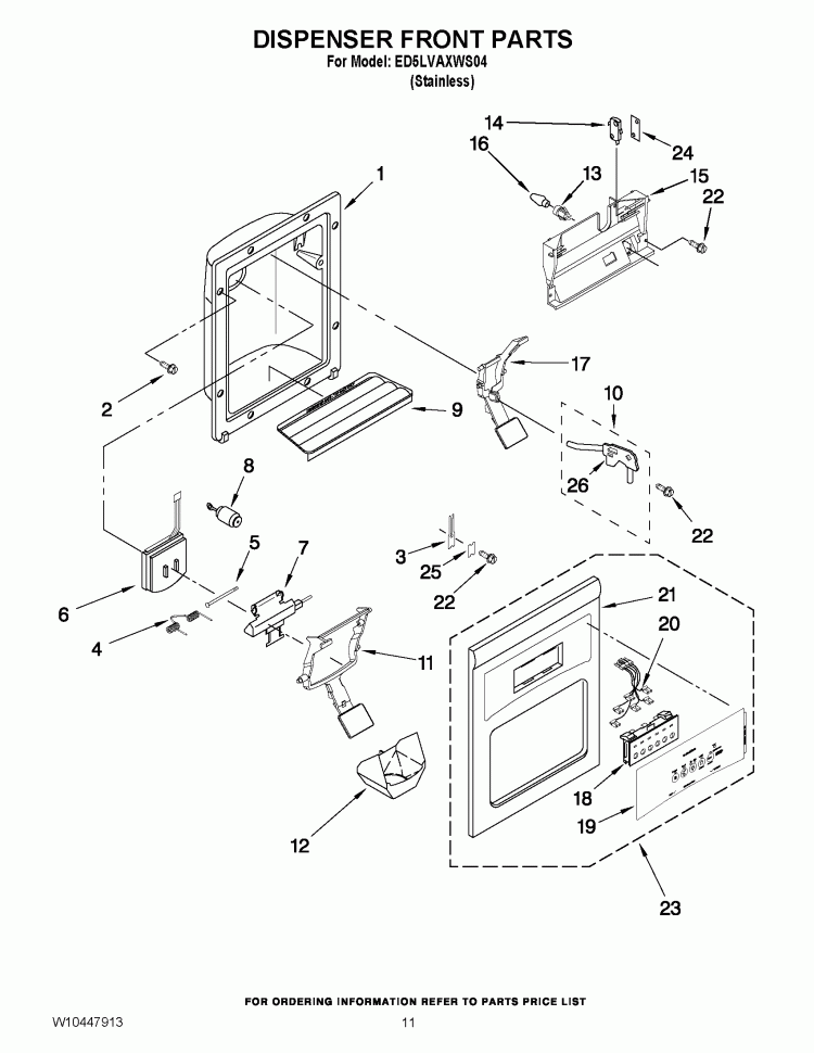 DISPENSER FRONT PARTS Diagram and Parts List for ED5LVAXWS04  Whirlpool Refrigerator