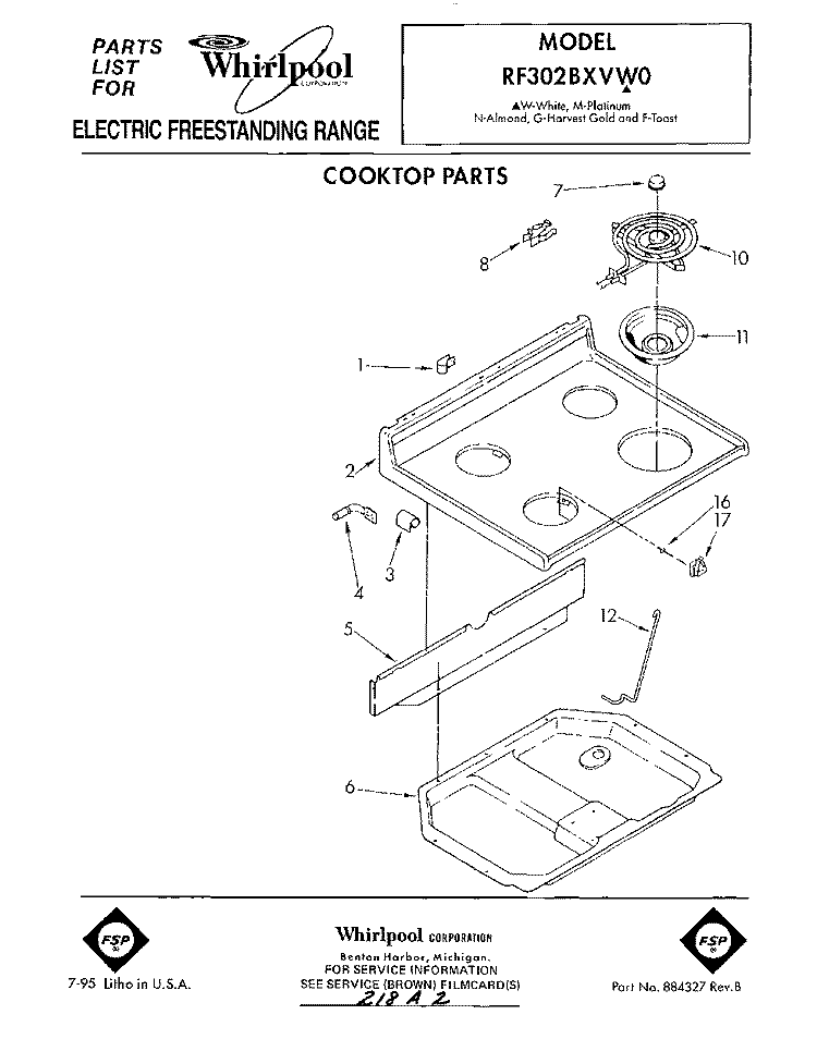 COOKTOP Diagram and Parts List for RF302BXVN0  Whirlpool Range