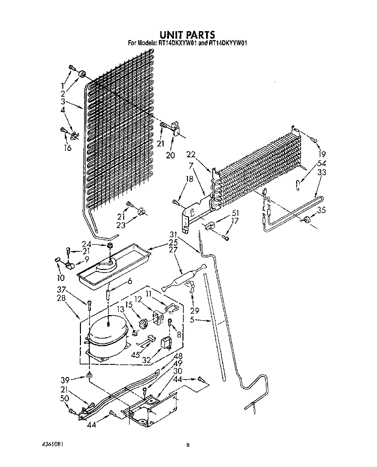 UNIT Diagram and Parts List for RT14DKXYW01  Roper Refrigerator