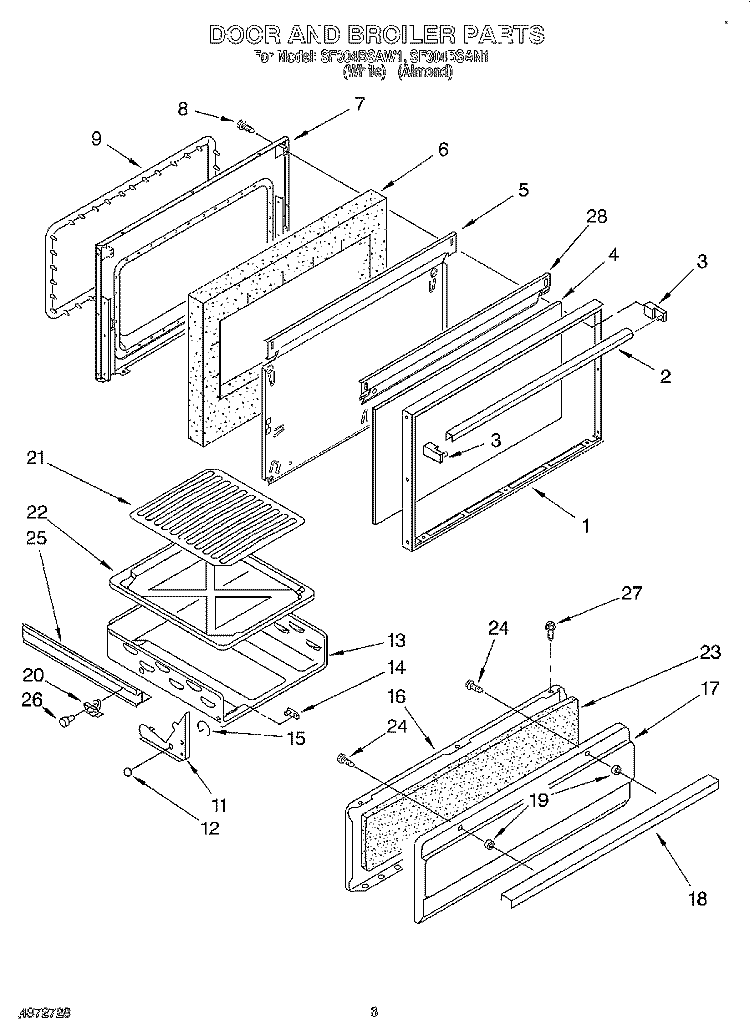 DOOR AND BROILER Diagram and Parts List for SF304BSAW1  Whirlpool Range
