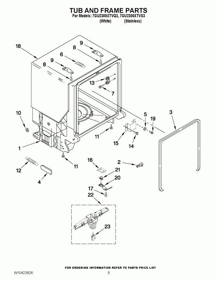TUB AND FRAME PARTS Diagram and Parts List for 7GU2300XTVQ3  Whirlpool Dishwasher