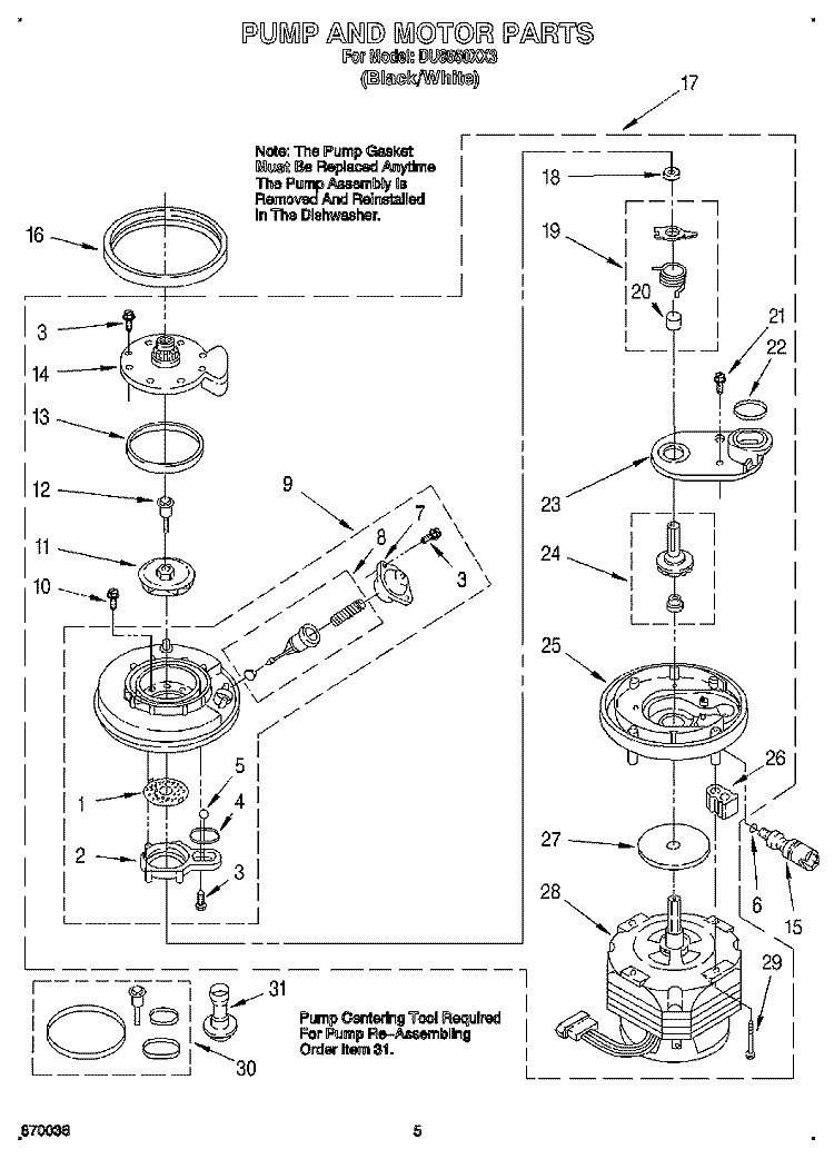 PUMP AND MOTOR Diagram and Parts List for DU8550XX3  Whirlpool Dishwasher