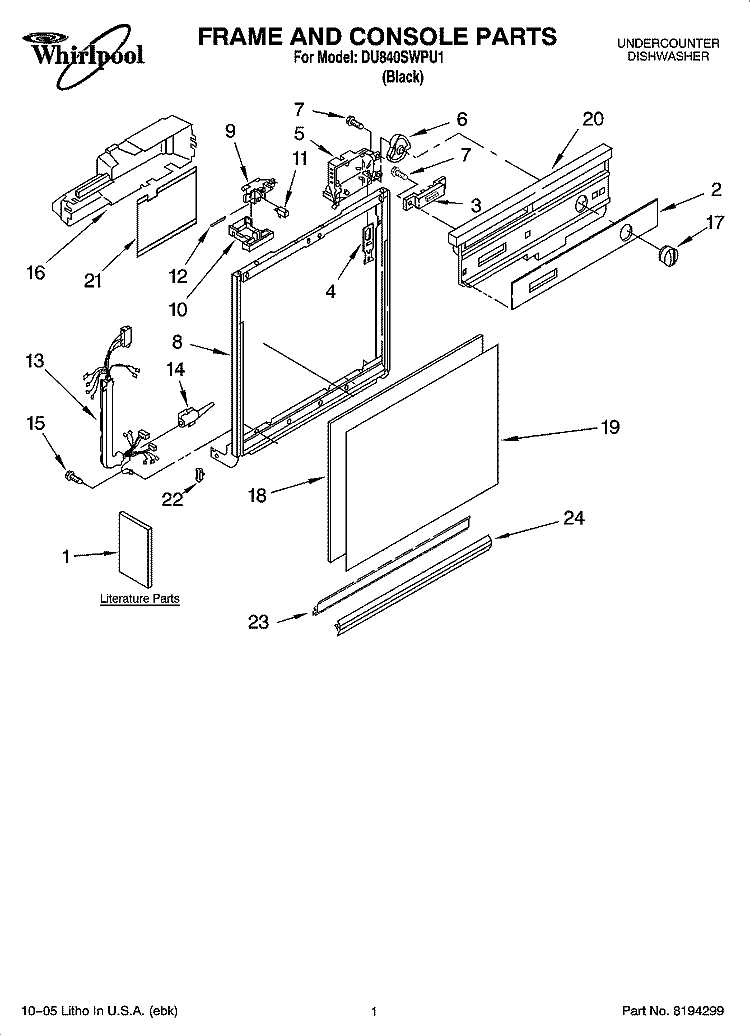 FRAME AND CONSOLE PARTS Diagram and Parts List for DU840SWPU1  Whirlpool Dishwasher