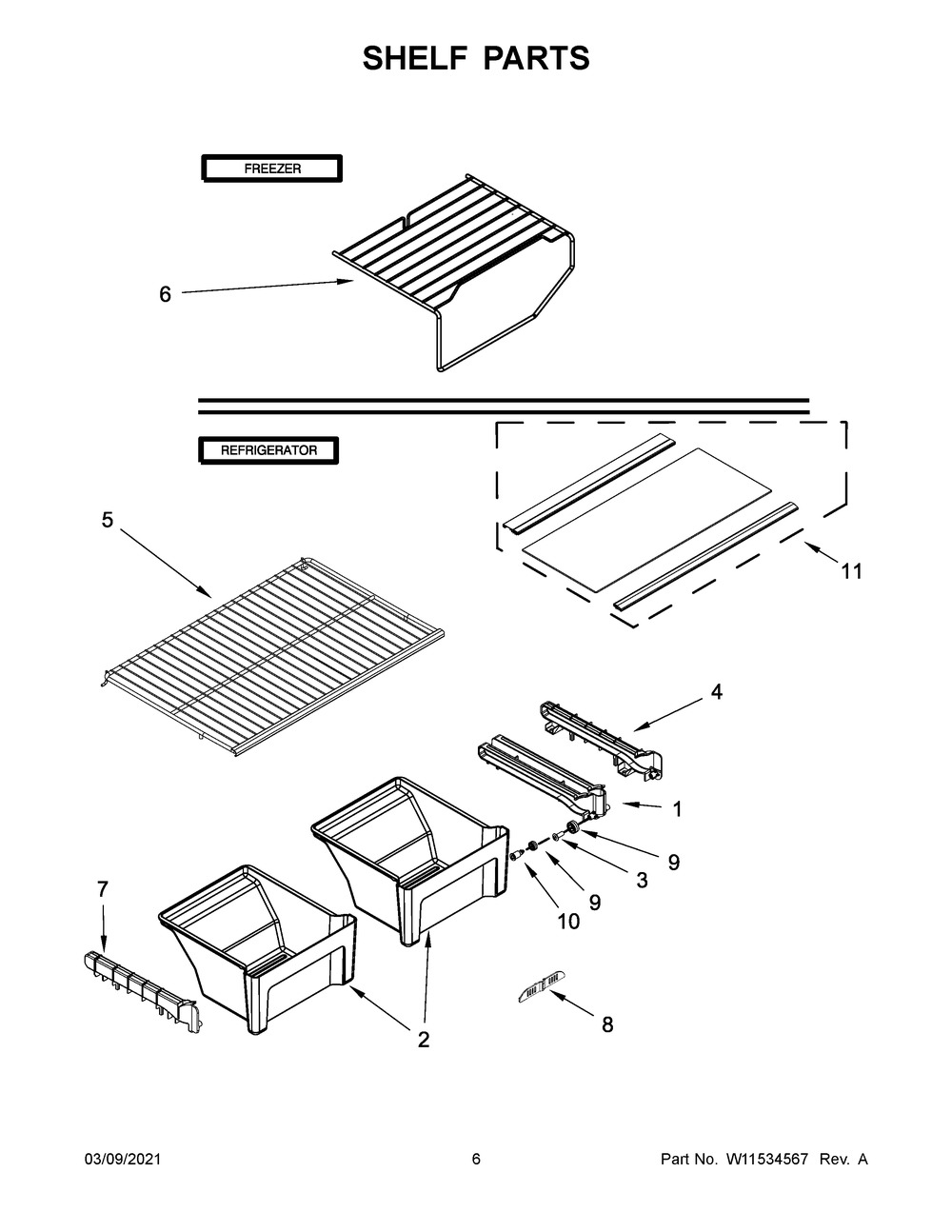 Shelf Parts Diagram and Parts List for ART308FFDB07  Whirlpool Refrigerator