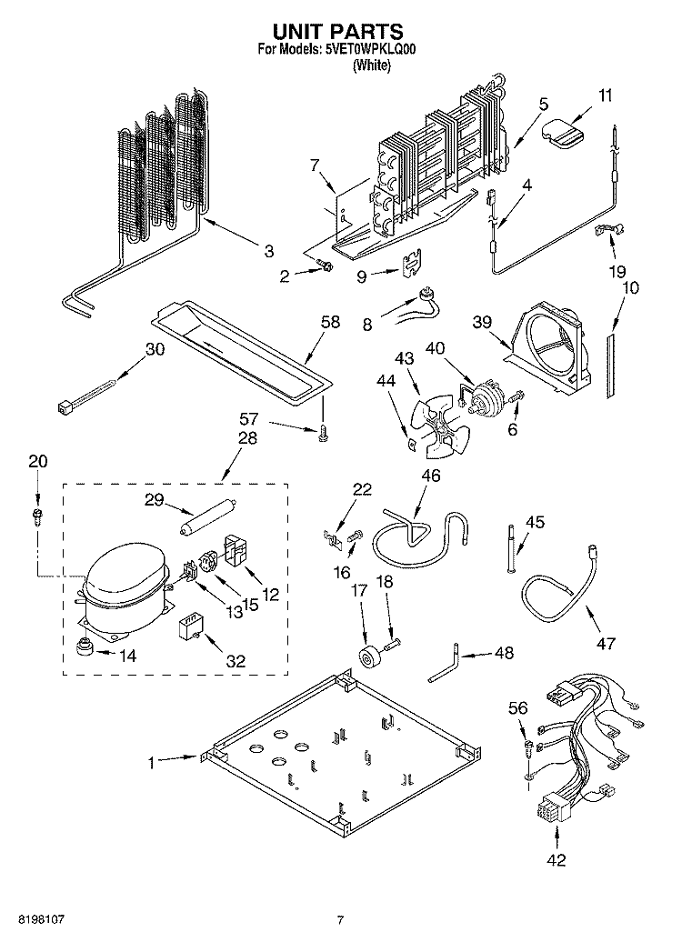 UNIT Diagram and Parts List for 5VET0WPKLQ00  Whirlpool Refrigerator