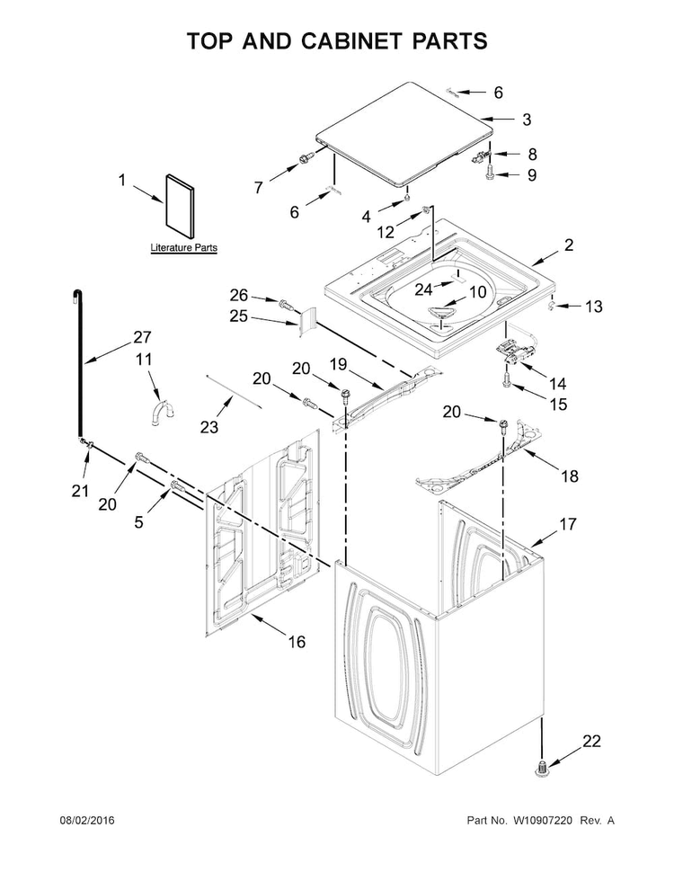 Top And Cabinet Parts Diagram and Parts List for 11022532511  Kenmore Washer