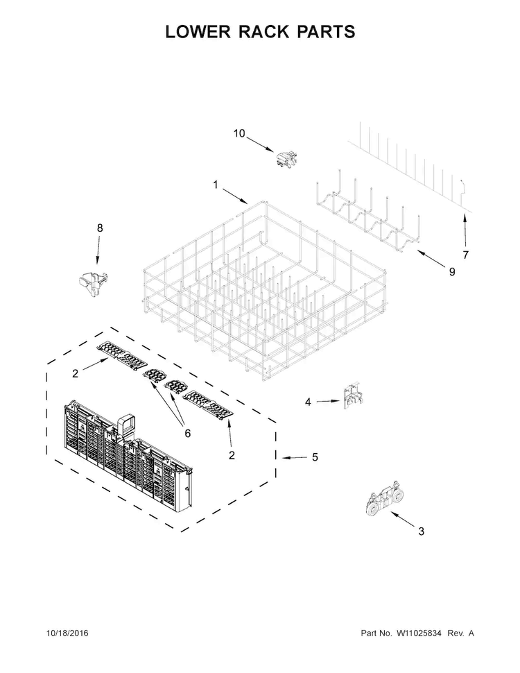 Lower Rack Parts Diagram and Parts List for WDT920SADM3  Whirlpool Dishwasher