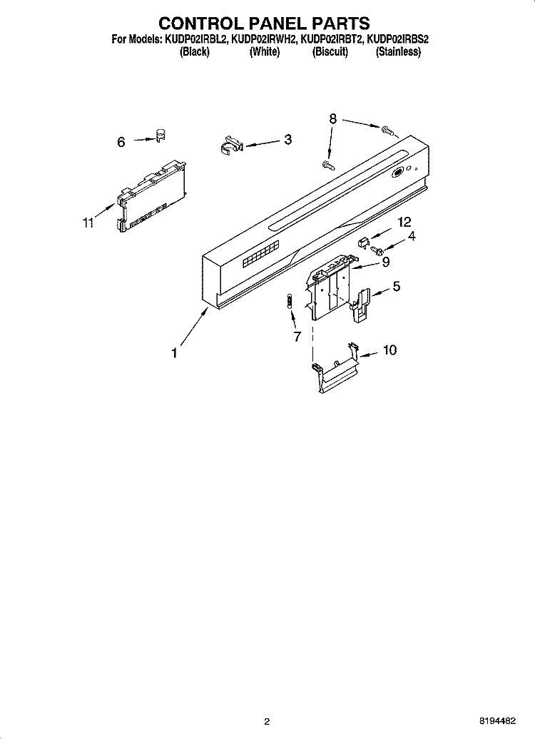 CONTROL PANEL PARTS Diagram and Parts List for KUDP02IRWH2  KitchenAid Dishwasher
