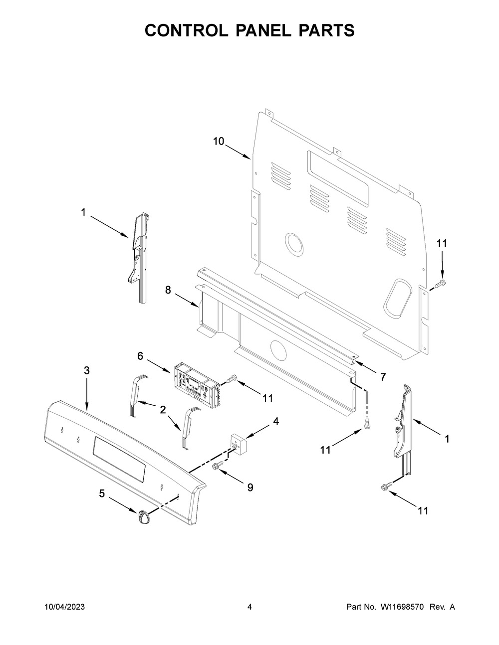 Control Panel Parts Diagram and Parts List for YWFE515S0JS4  Whirlpool Range