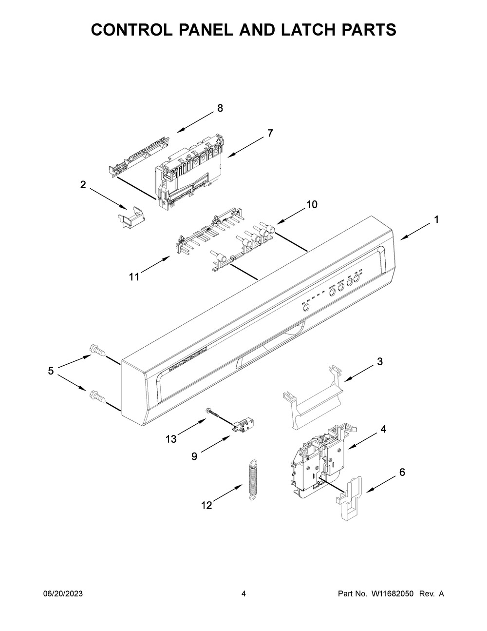 Control Panel And Latch Parts Diagram and Parts List for WDP370PAHB2  Whirlpool Dishwasher