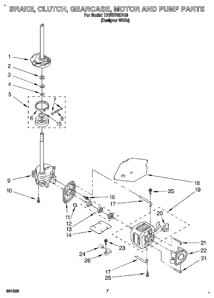 BRAKE, CLUTCH, GEARCASE, MOTOR AND PUMP Diagram and Parts List for TAWS700DQ0  Estate Washer