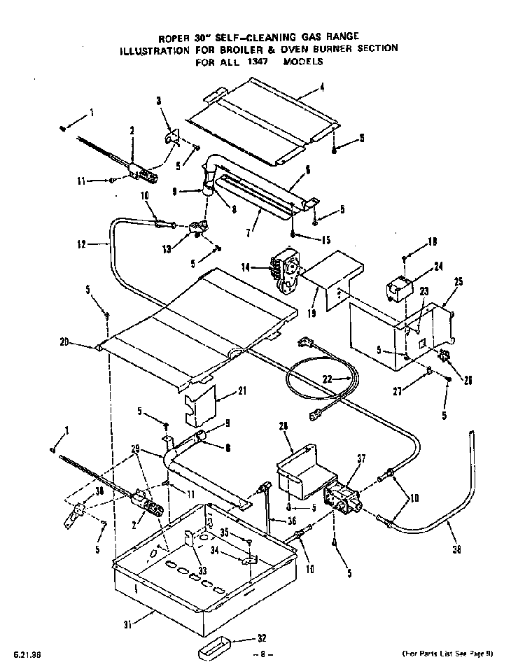 Broiler And Oven Burner Diagram and Parts List for 1347*0A  Roper Range