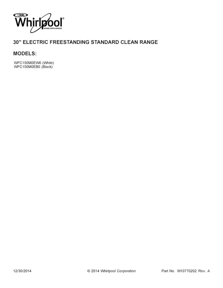Cover Sheet Diagram and Parts List for WFC150M0EB0  Whirlpool Range