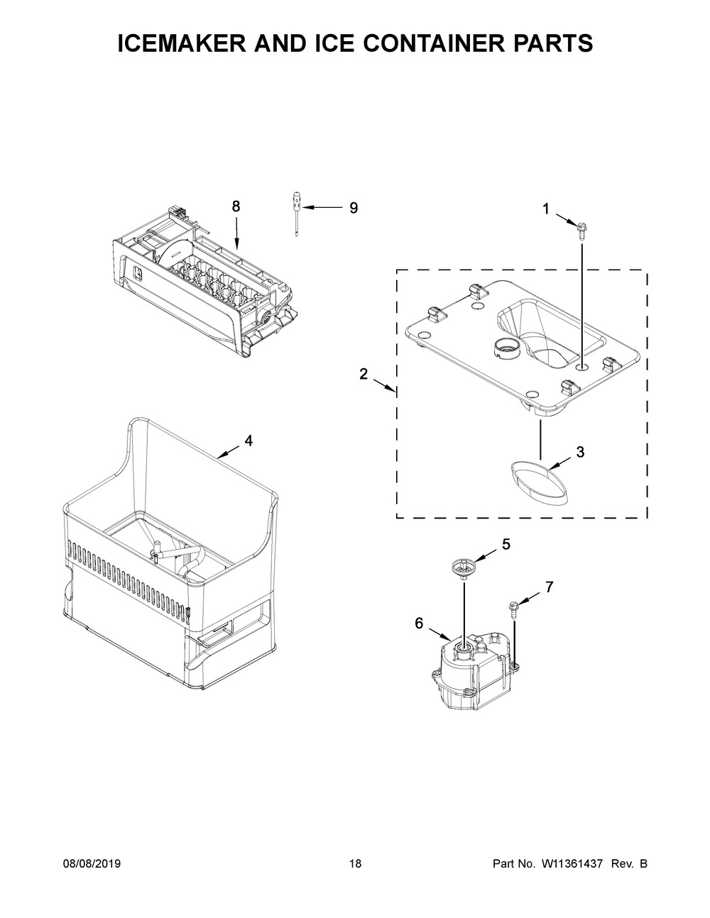 Icemaker And Ice Container Parts Diagram and Parts List for KRFC704FSS02  Whirlpool Refrigerator