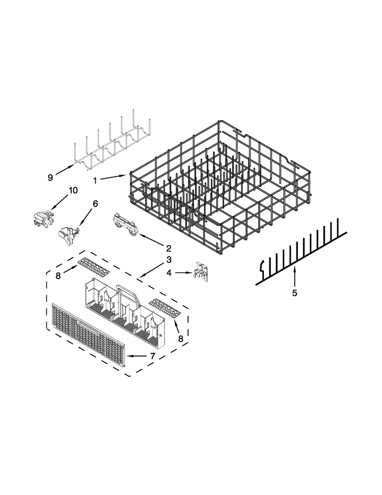 Lower Rack Parts Diagram and Parts List for WDF730PAYW6  Whirlpool Dishwasher