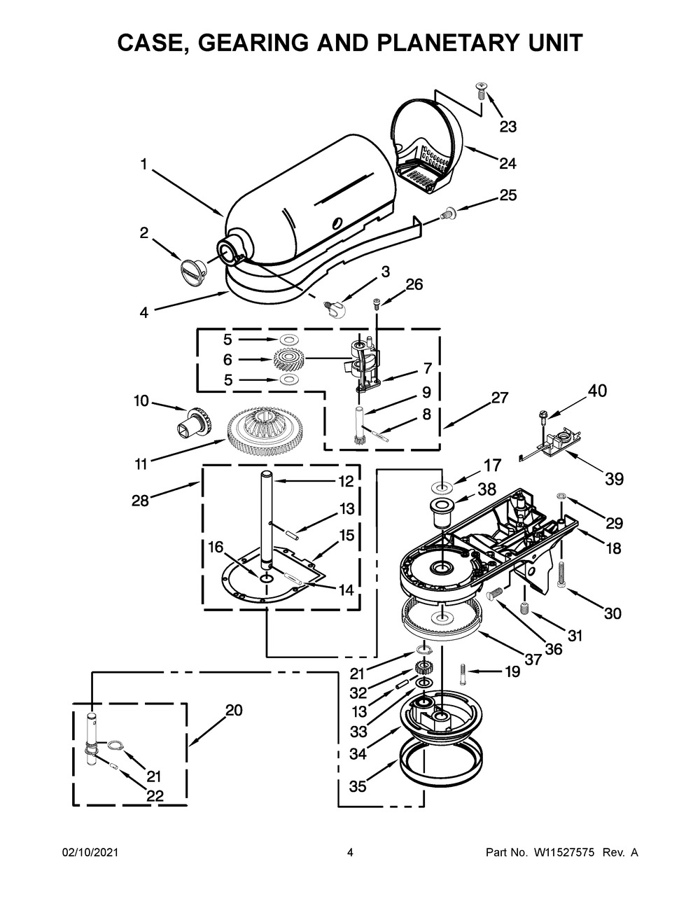 Case, Gearing And Planetary Unit Diagram and Parts List for 5KSM156WPBDR4  Whirlpool Mixer