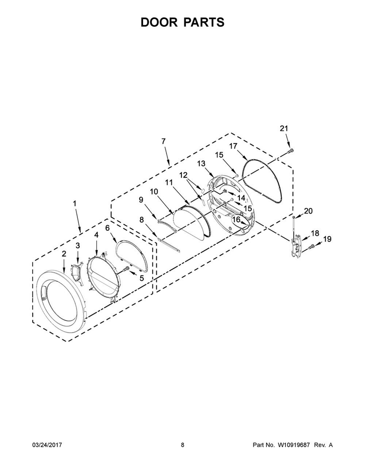 Door Parts Diagram and Parts List for 11091942710  Kenmore Dryer
