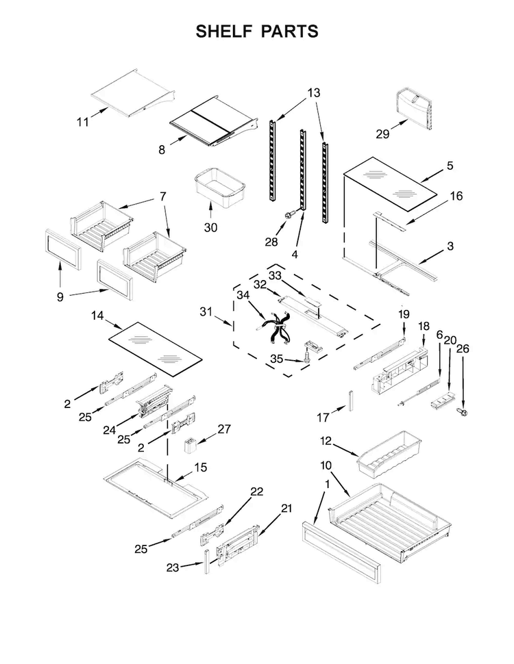 Shelf Parts Diagram and Parts List for KRFF507EBL00  KitchenAid Refrigerator