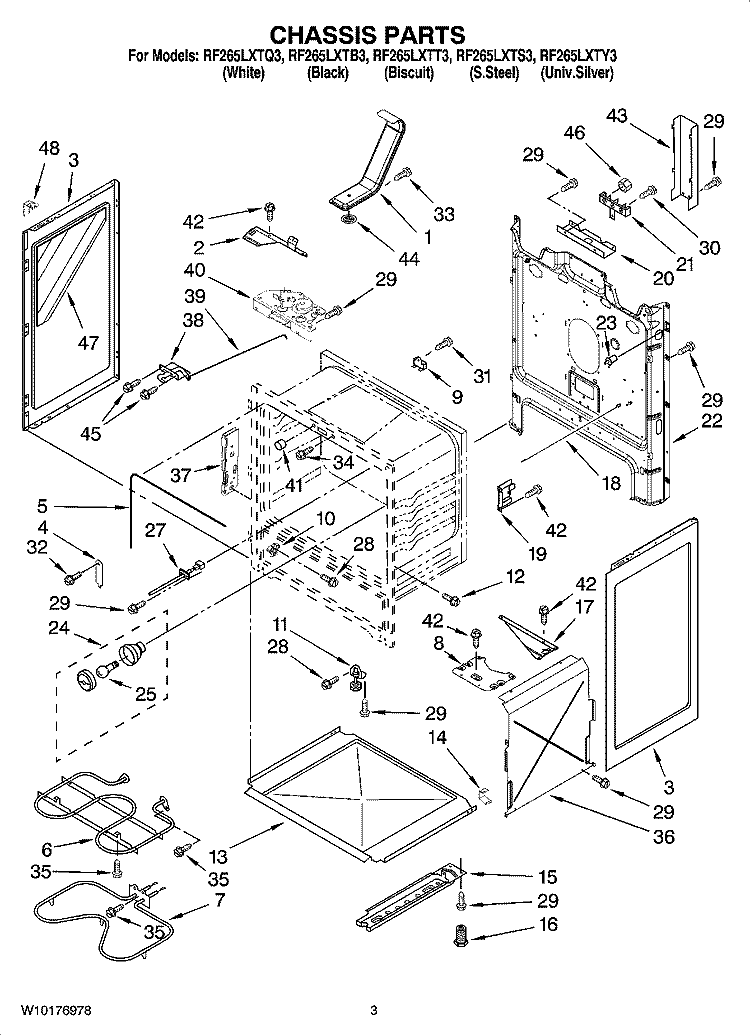CHASSIS PARTS Diagram and Parts List for RF265LXTB3  Whirlpool Range