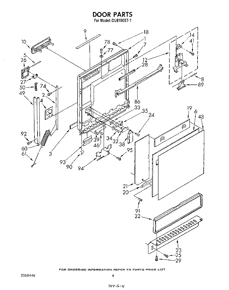 DOOR Diagram and Parts List for DU8100XT1  Whirlpool Dishwasher