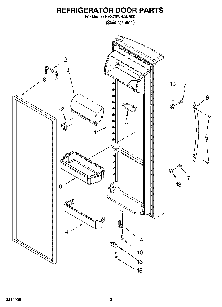 REFRIGERATOR DOOR PARTS Diagram and Parts List for BRS70WRANA00  Whirlpool Refrigerator