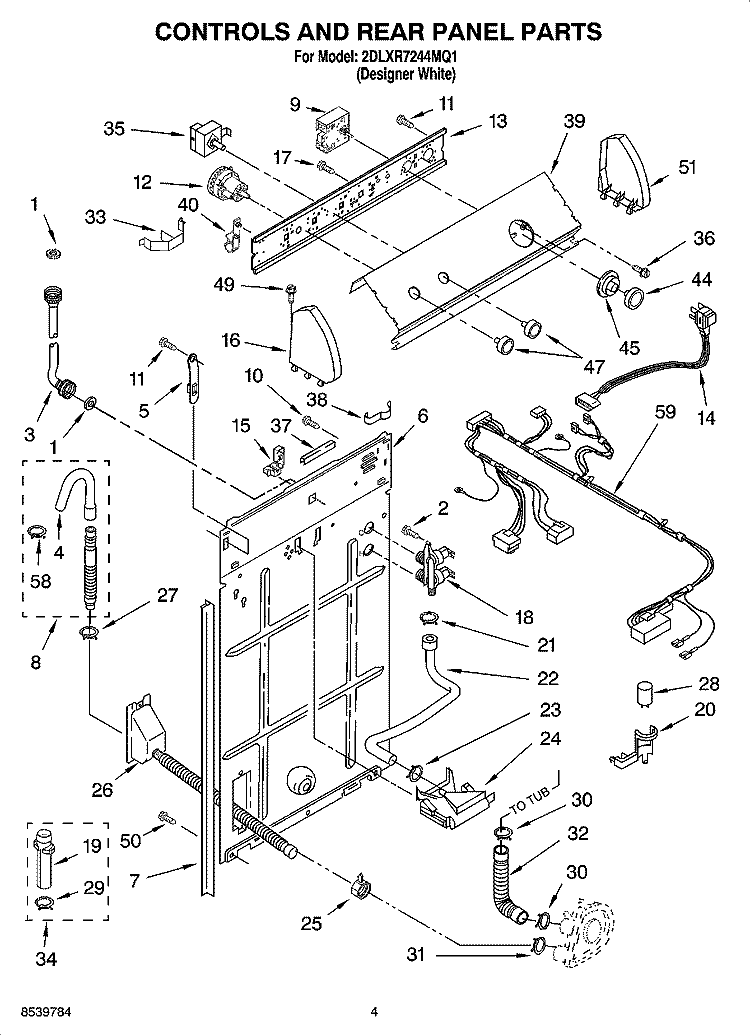 CONTROL AND REAR PANEL PARTS Diagram and Parts List for 2DLXR7244MQ1  Whirlpool Washer