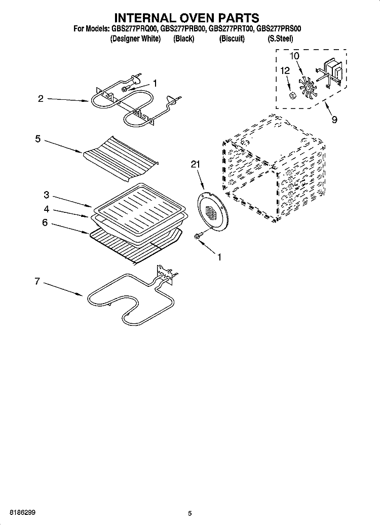 INTERNAL OVEN PARTS Diagram and Parts List for GBS277PRB00  Whirlpool Wall Oven
