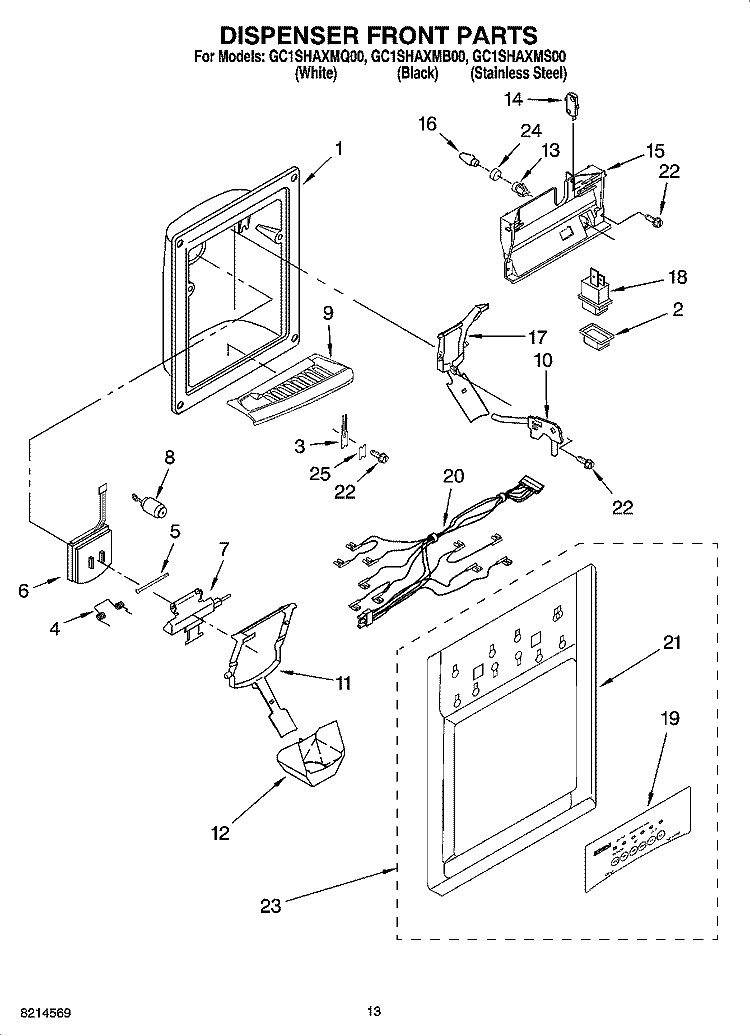 DISPENSER FRONT PARTS Diagram and Parts List for GC1SHAXMB00  Whirlpool Refrigerator
