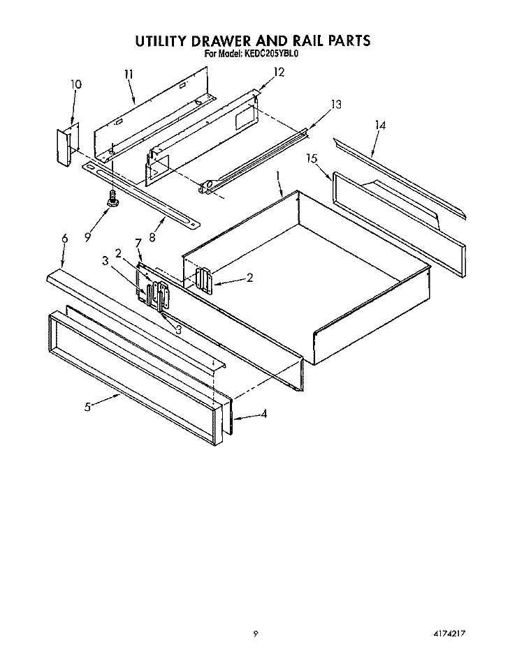 UTILITY DRAWER AND RAIL Diagram and Parts List for KEDC205YBL0  KitchenAid Range