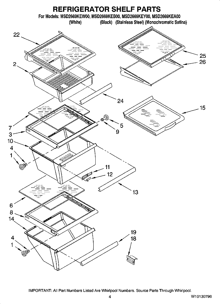 REFRIGERATOR SHELF PARTS Diagram and Parts List for MSD2669KEY00  Whirlpool Refrigerator
