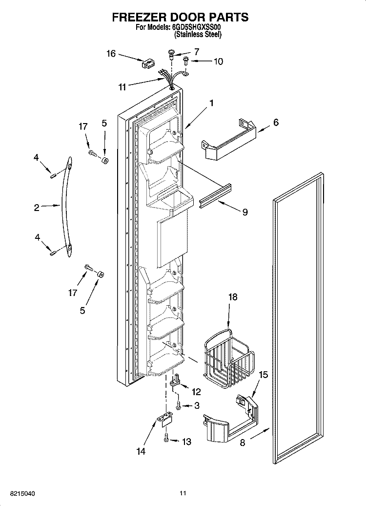 FREEZER DOOR PARTS Diagram and Parts List for 6GD5SHGXSS00  Whirlpool Refrigerator